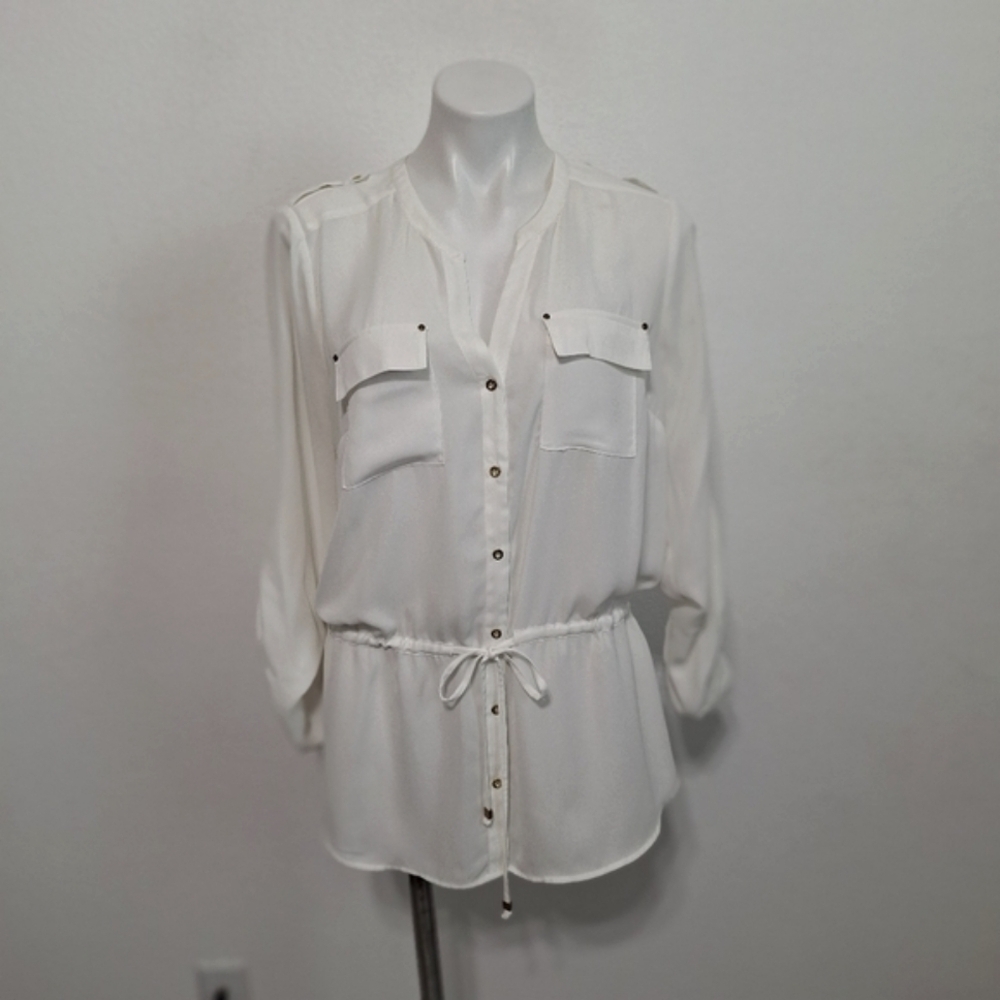 Signature Studio Off White Roll Tab Coastal Preppy Button Front Tunic Top Size M